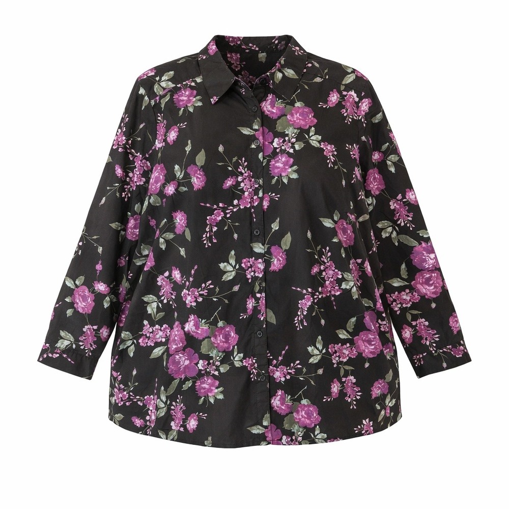 Roamans Womens Dark Floral Button Up Shirt Plus Size 26W Black Pink Long Sleeves